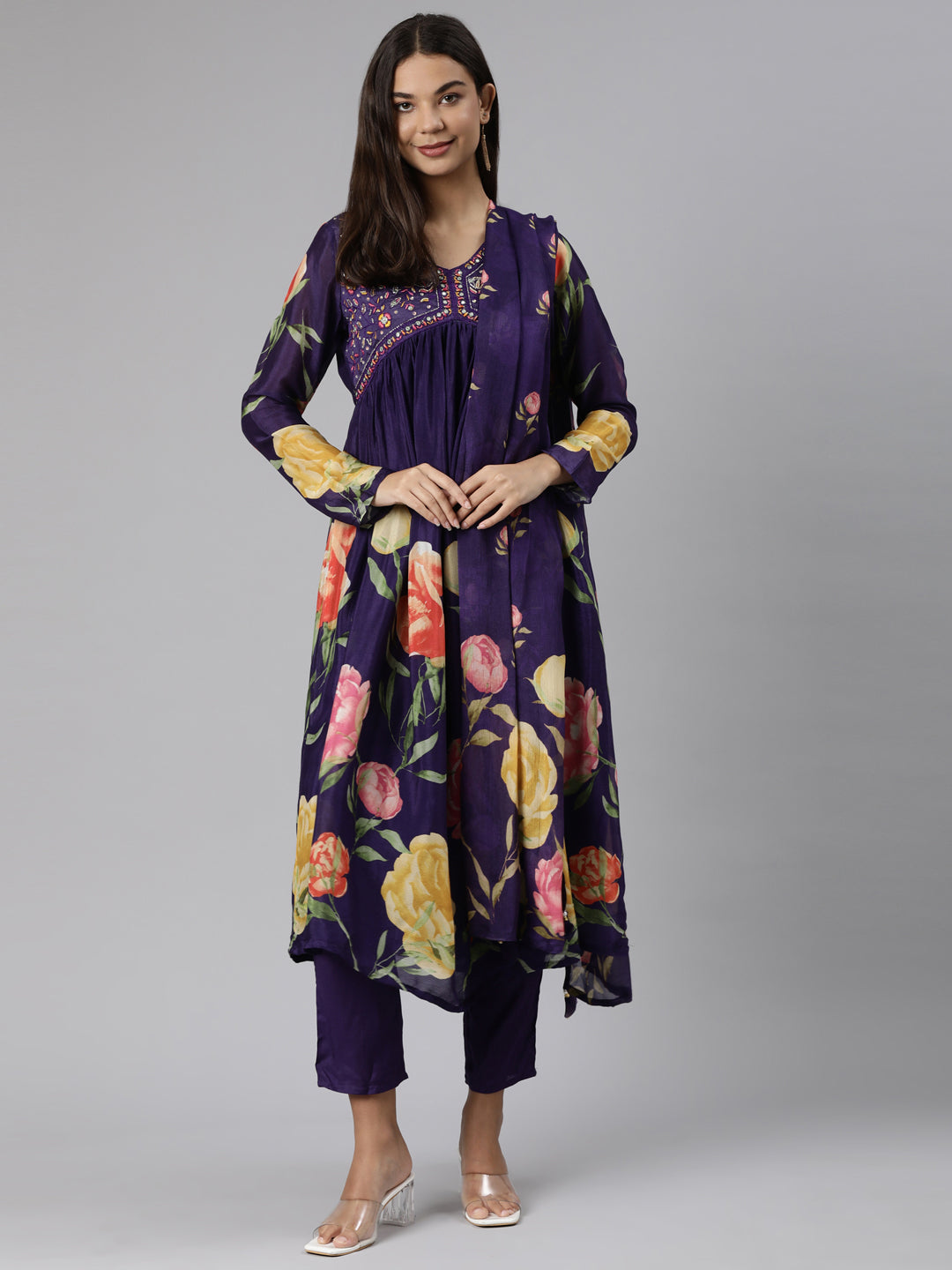 Neerus Purple chiffon printed suit set - detail view 2