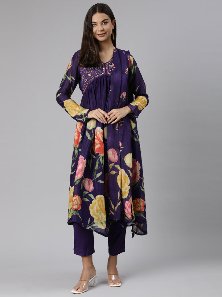 Neerus Purple chiffon printed suit set - detail view 2