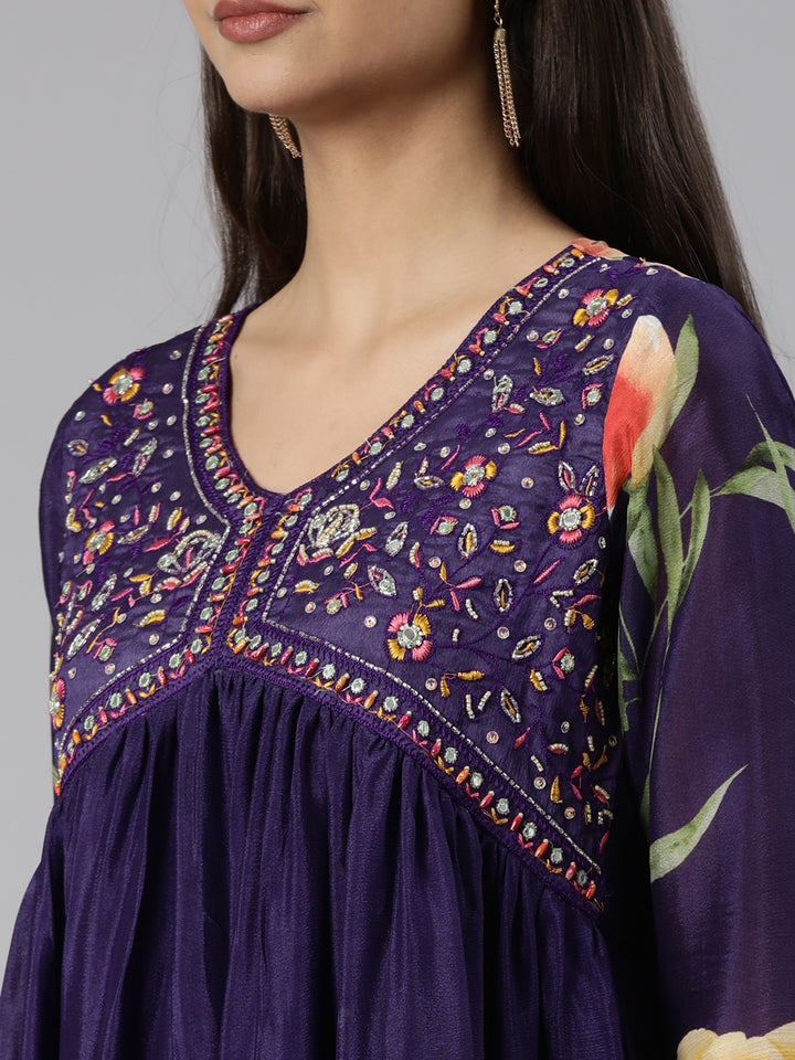 Neerus Purple chiffon printed suit set - detail view 1