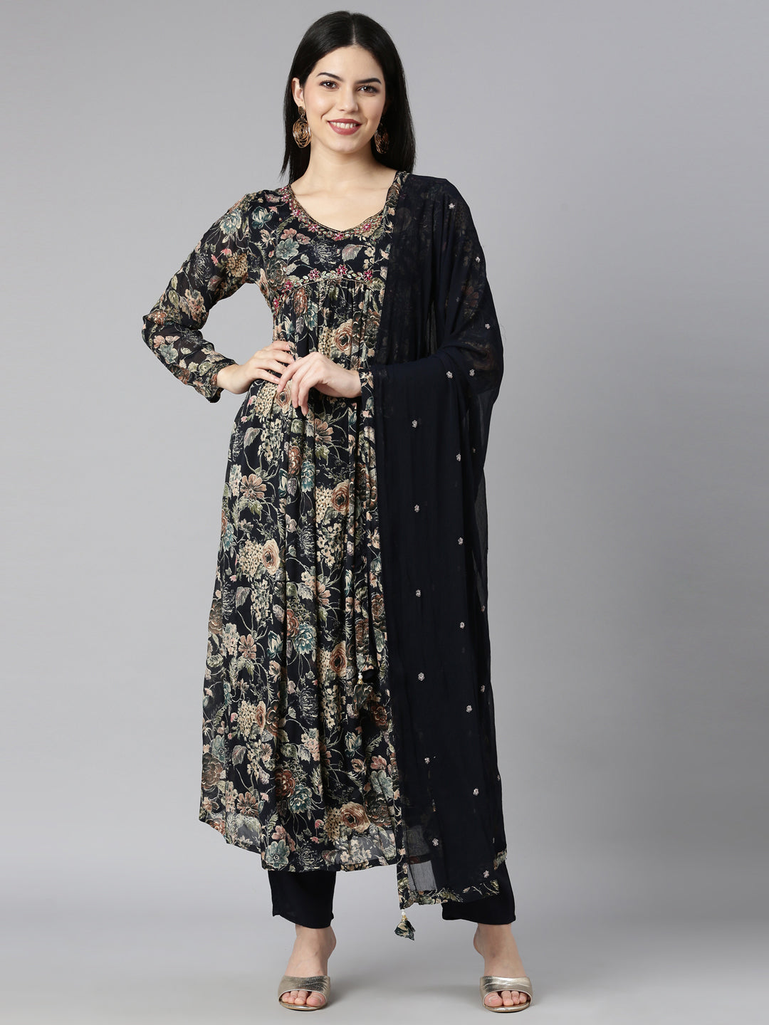 Neerus Blue Floral Printed Kurta Set with Trouser and Dupatta - front view