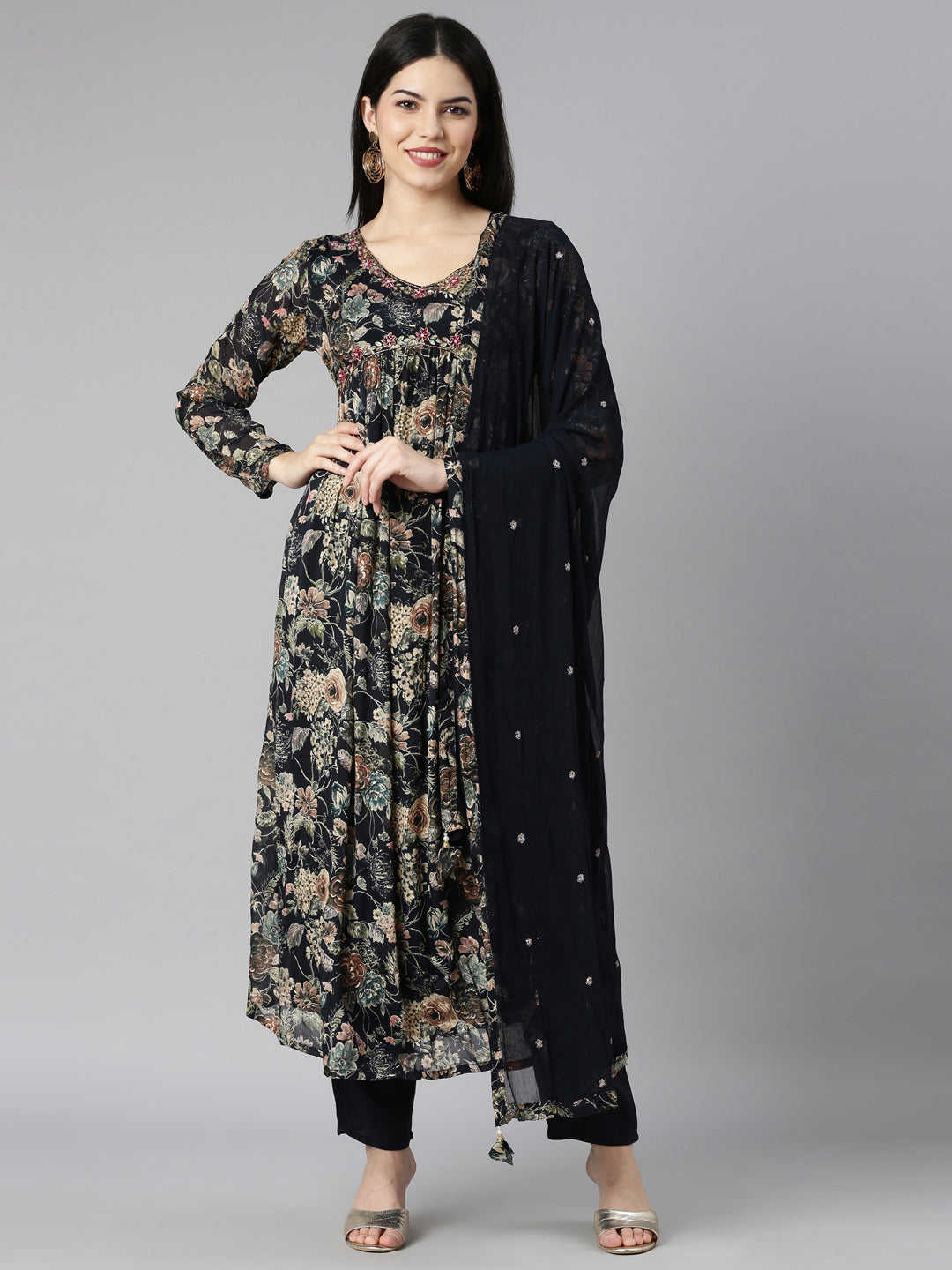 Neerus Navy Blue Pleated Straight Floral Kurta And Trousers With Dupatta