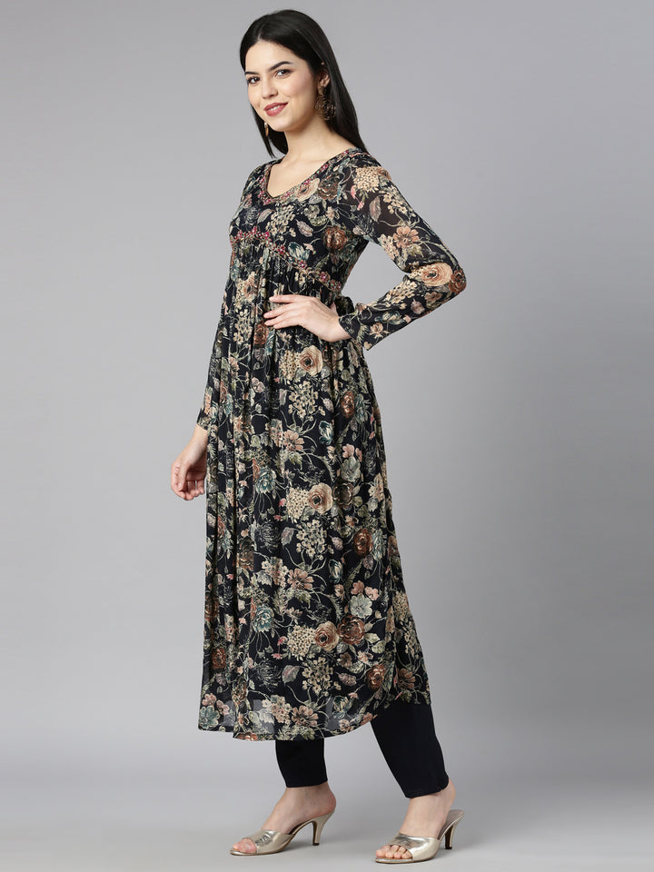 Neerus Blue Floral Printed Kurta Set with Trouser and Dupatta - back view
