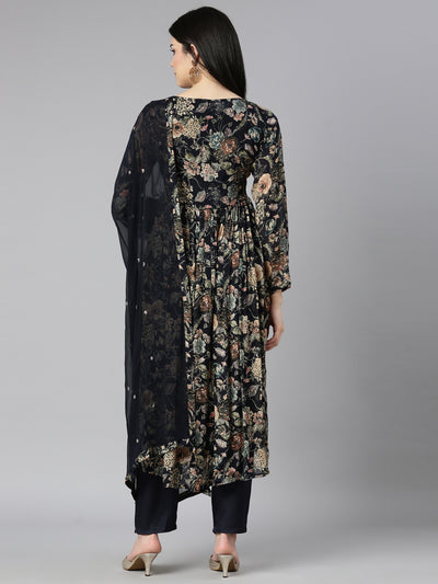 Neerus Navy Blue Pleated Straight Floral Kurta And Trousers With Dupatta