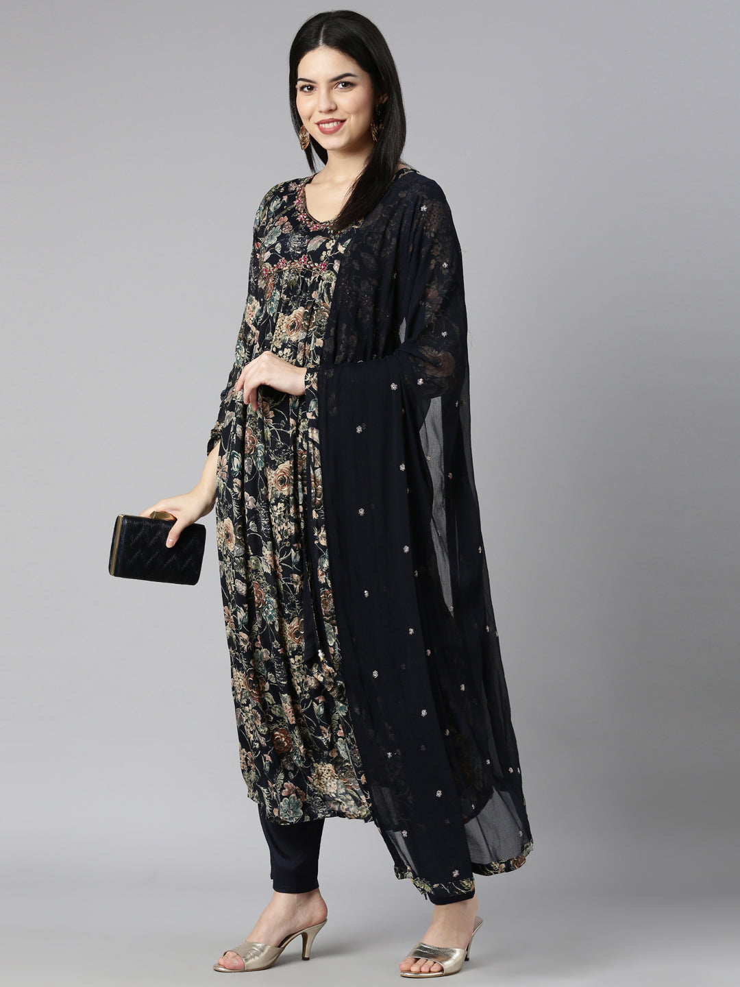 Neerus Blue Floral Printed Kurta Set with Trouser and Dupatta - detail view 2