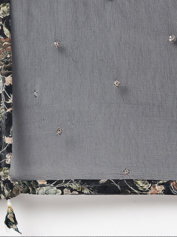 Neerus Blue Floral Printed Kurta Set with Trouser and Dupatta - detail view 4
