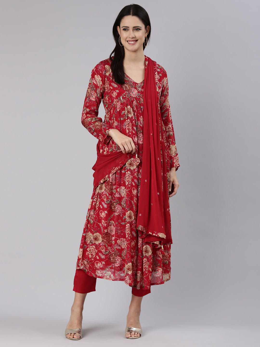 Neerus Red printed Nyra cut kurta set with dupatta - front view