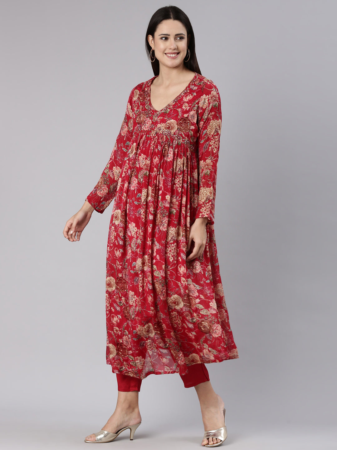 Neerus Red printed Nyra cut kurta set with dupatta - back view