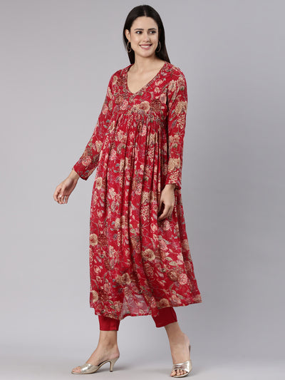 Neerus Red Regular Straight Printed Kurta And Trousers With Dupatta