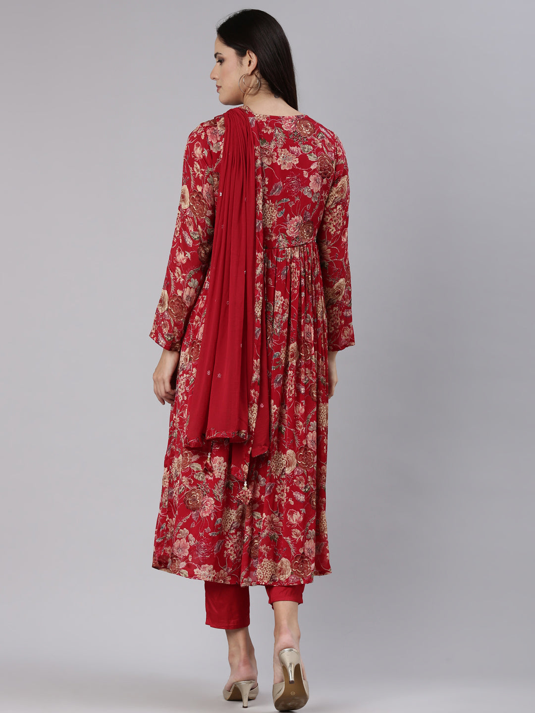 Neerus Red printed Nyra cut kurta set with dupatta - side view