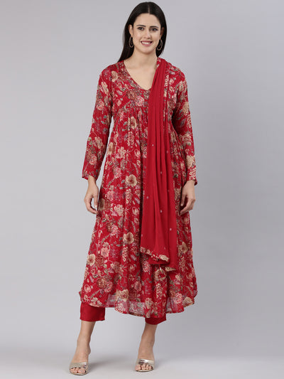 Neerus Red Regular Straight Printed Kurta And Trousers With Dupatta