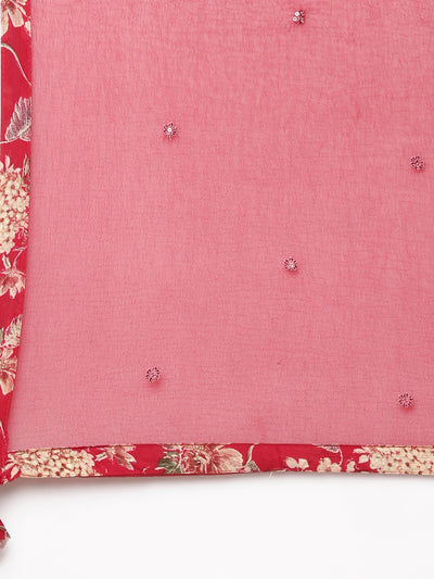 Neerus Red Regular Straight Printed Kurta And Trousers With Dupatta