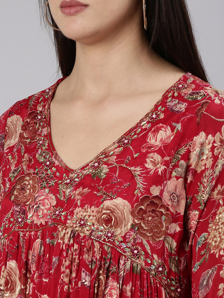 Neerus Red printed Nyra cut kurta set with dupatta - detail view 1