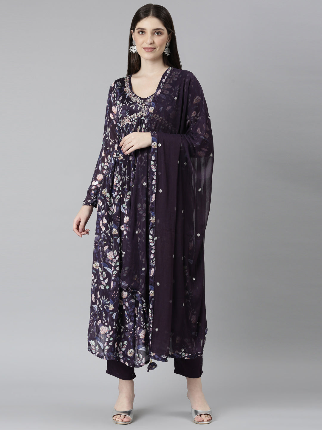Neerus Blue Embroidered Floral Kurta Set straight silhouette - front view