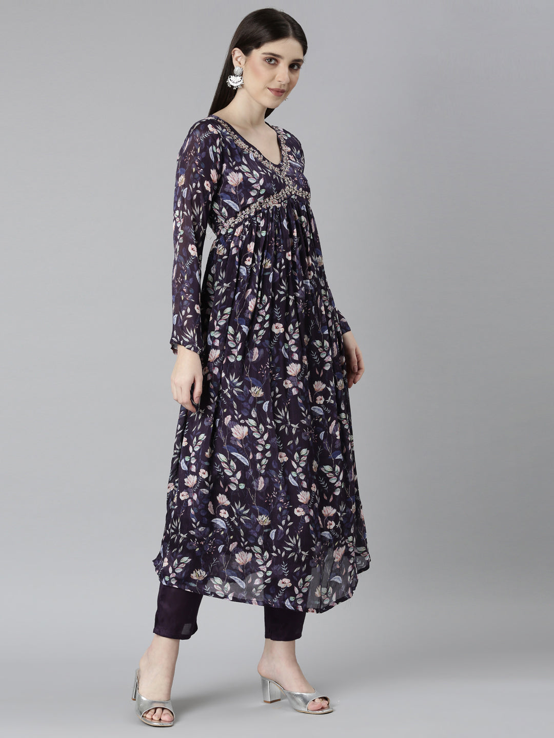 Neerus Blue Embroidered Floral Kurta Set straight silhouette - back view