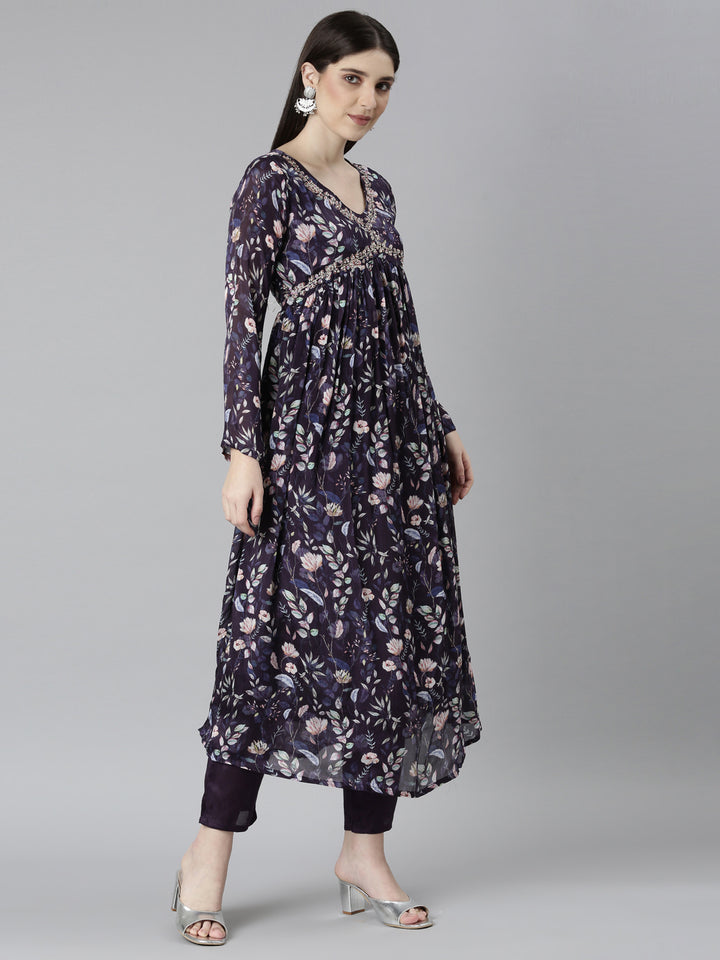 Neerus Blue Embroidered Floral Kurta Set straight silhouette - back view