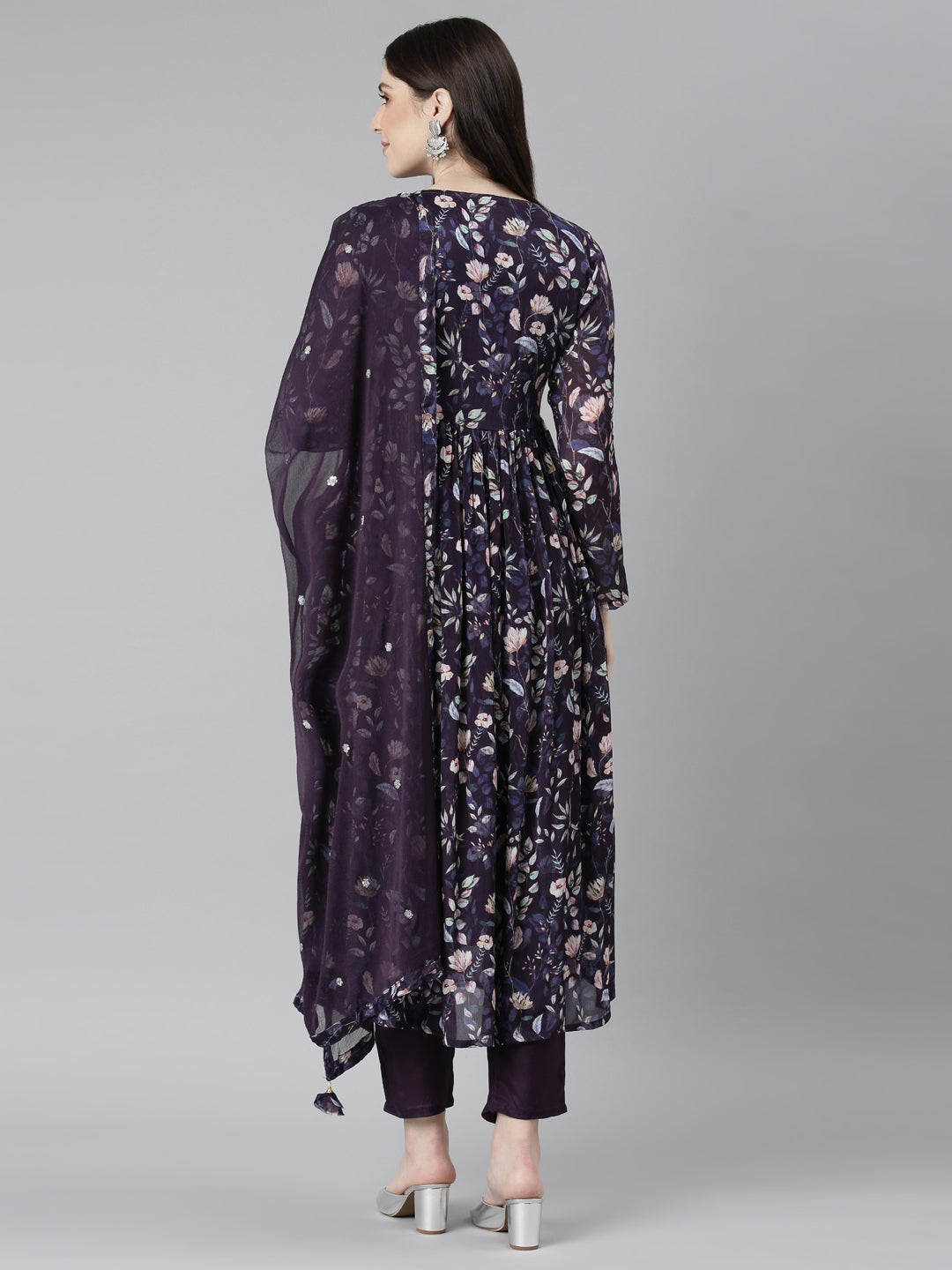 Neerus Blue Embroidered Floral Kurta Set straight silhouette - side view