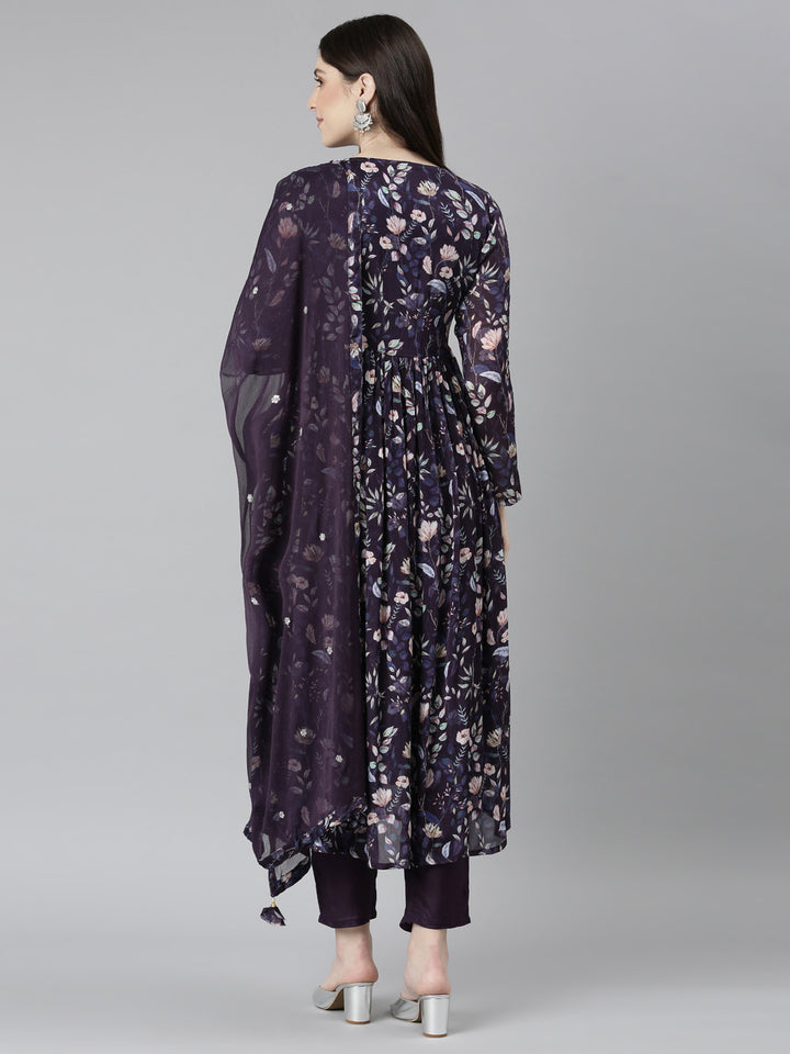 Neerus Blue Embroidered Floral Kurta Set straight silhouette - side view