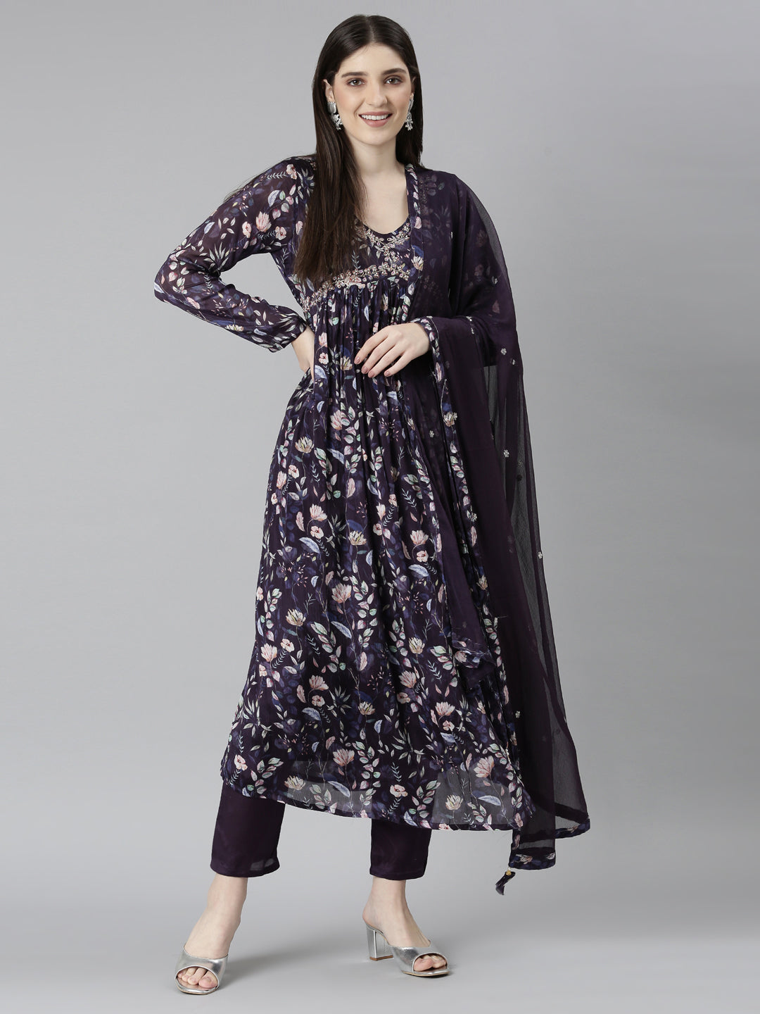 Neerus Blue Embroidered Floral Kurta Set straight silhouette - detail view 2