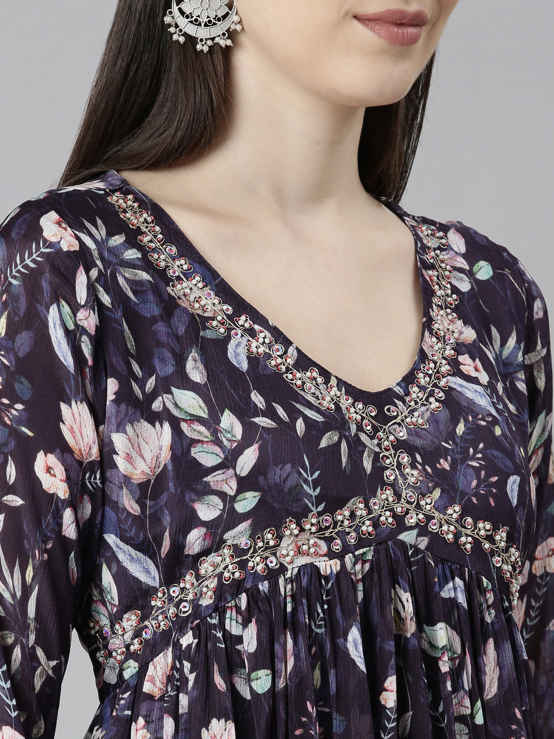 Neerus Blue Embroidered Floral Kurta Set straight silhouette - detail view 1