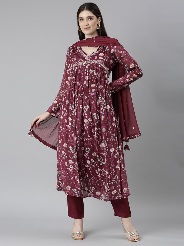 Neerus Purple printed floral kurta set with trouser and dupatta - front view