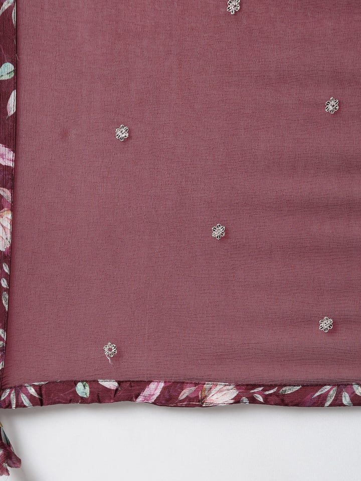 Neerus Purple printed floral kurta set with trouser and dupatta - detail view 4