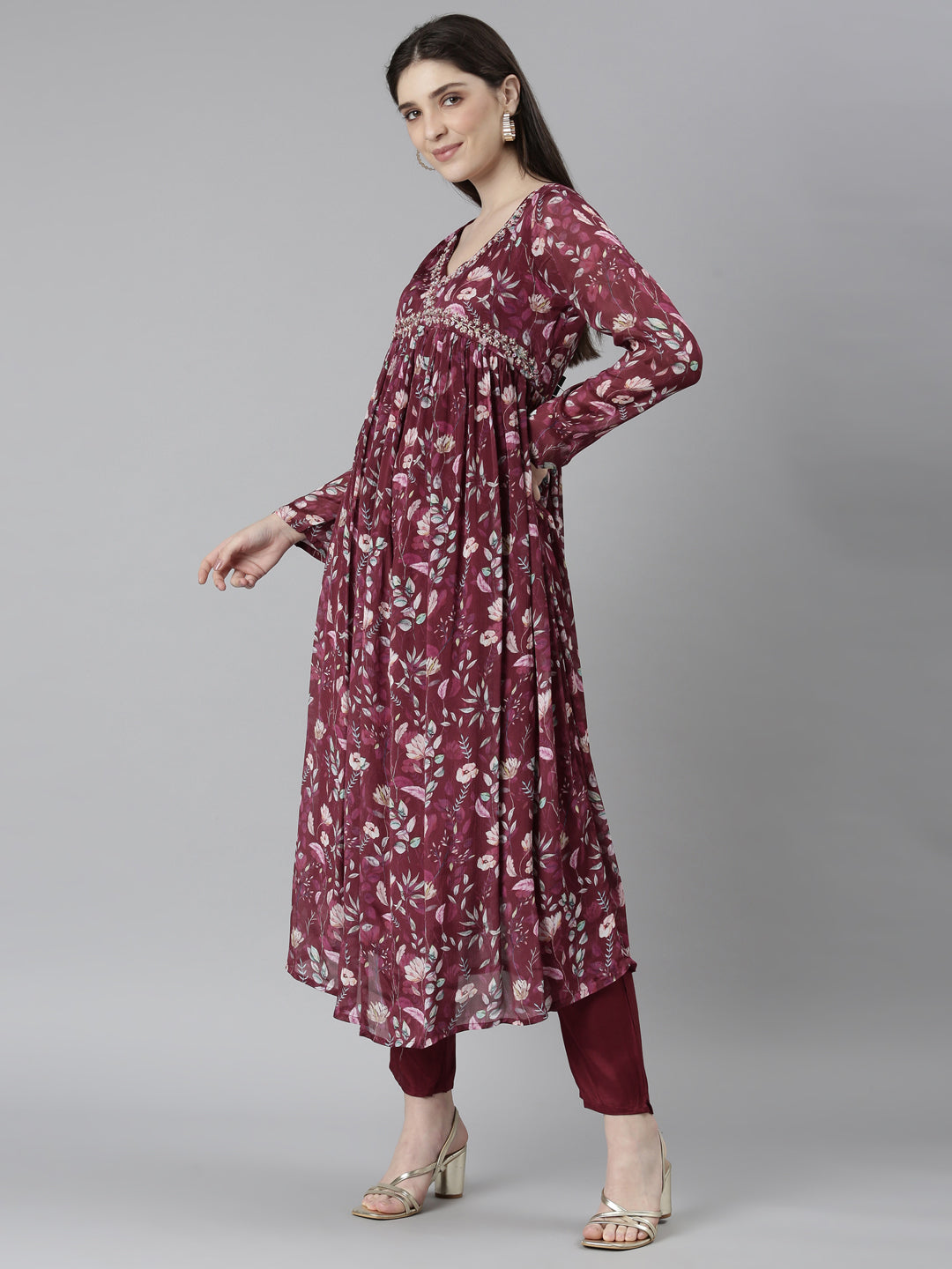 Neerus Purple printed floral kurta set with trouser and dupatta - back view
