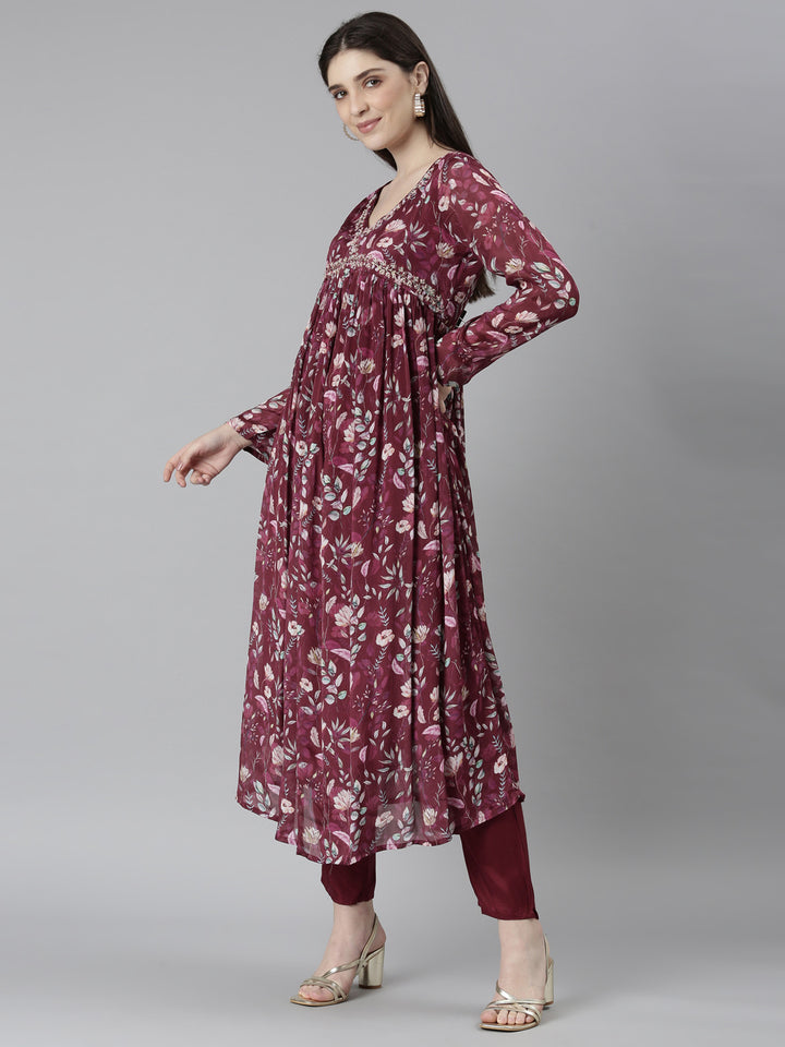 Neerus Purple printed floral kurta set with trouser and dupatta - back view