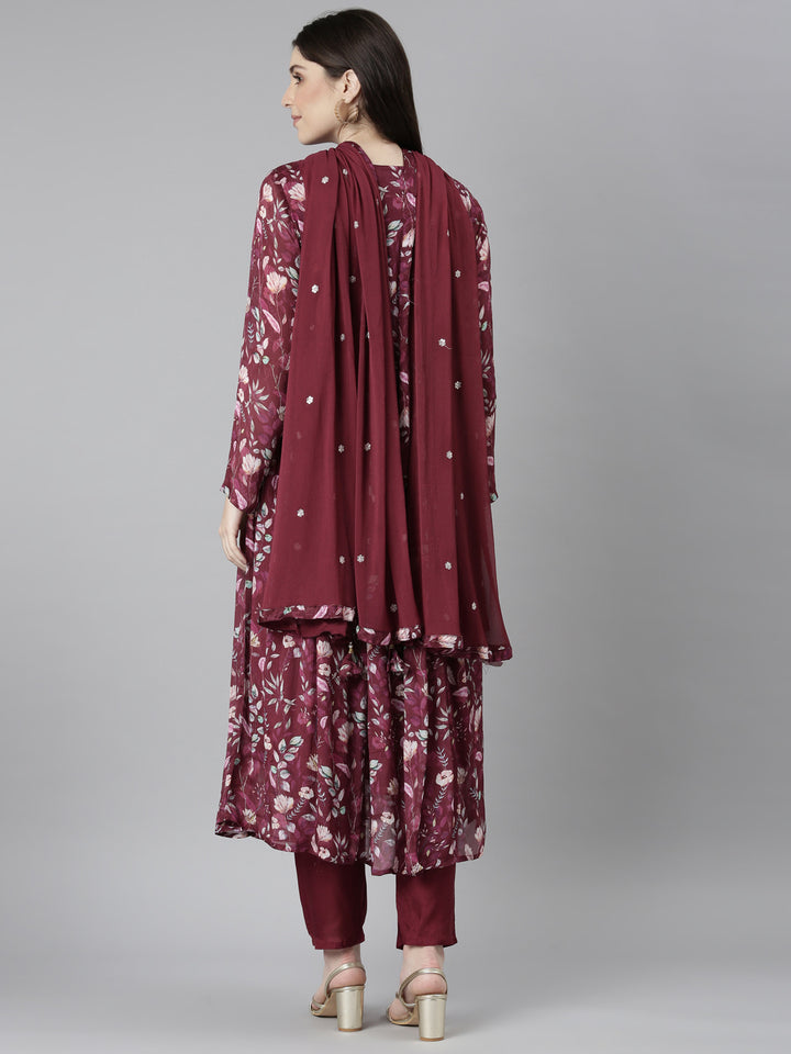 Neerus Purple printed floral kurta set with trouser and dupatta - side view