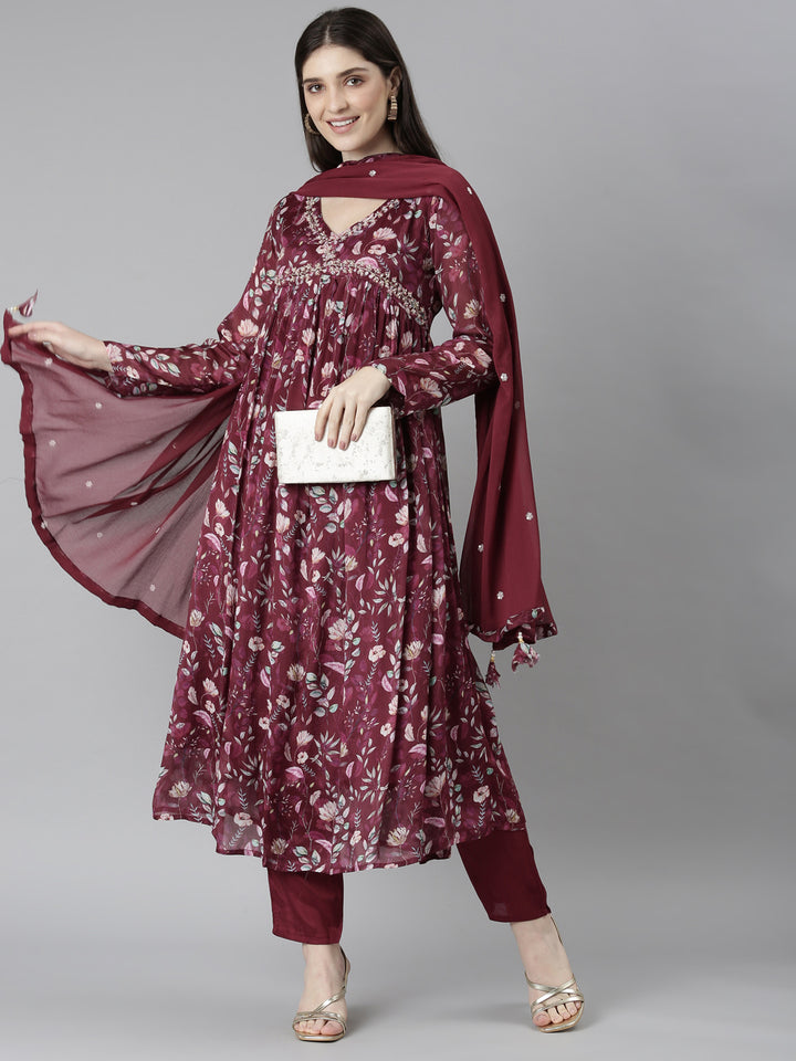 Neerus Purple printed floral kurta set with trouser and dupatta - detail view 2