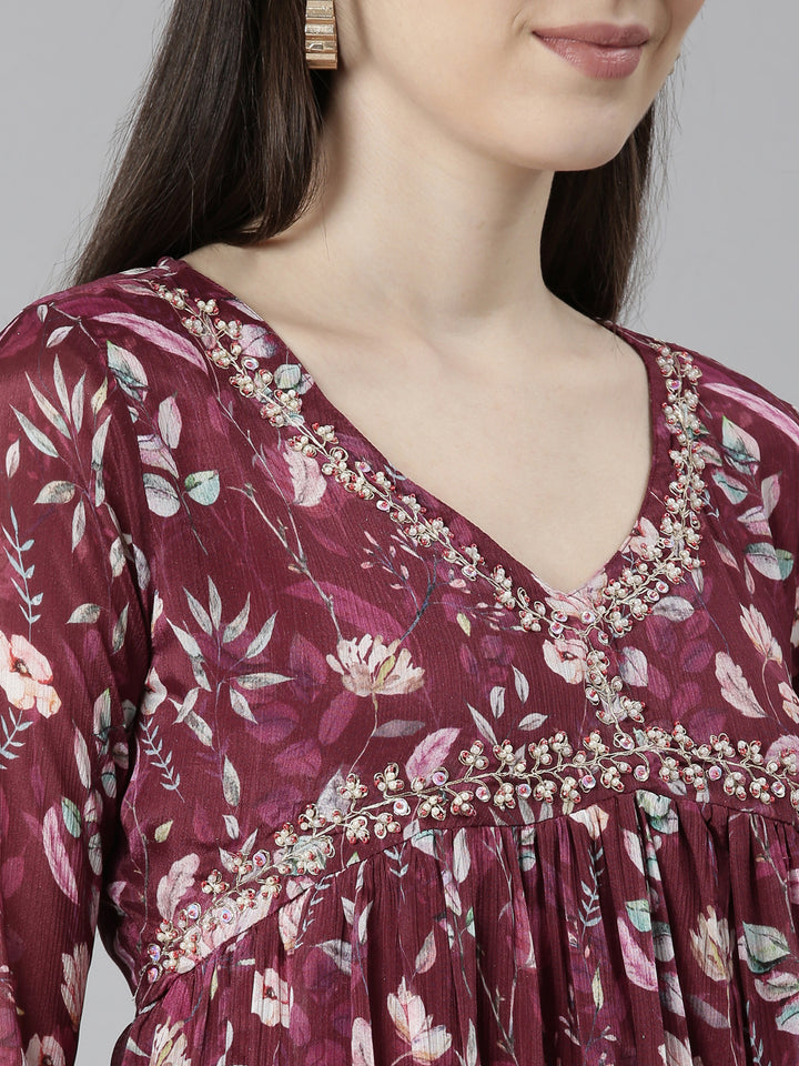 Neerus Purple printed floral kurta set with trouser and dupatta - detail view 1