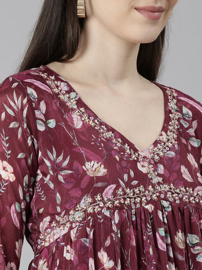 Neeru's Purple Regular Straight Floral Kurta And Trousers With Dupatta