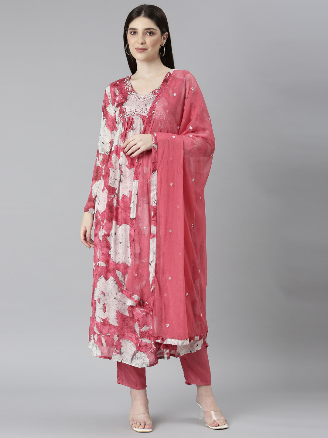 Neerus Pink floral embroidered straight kurta set - front view