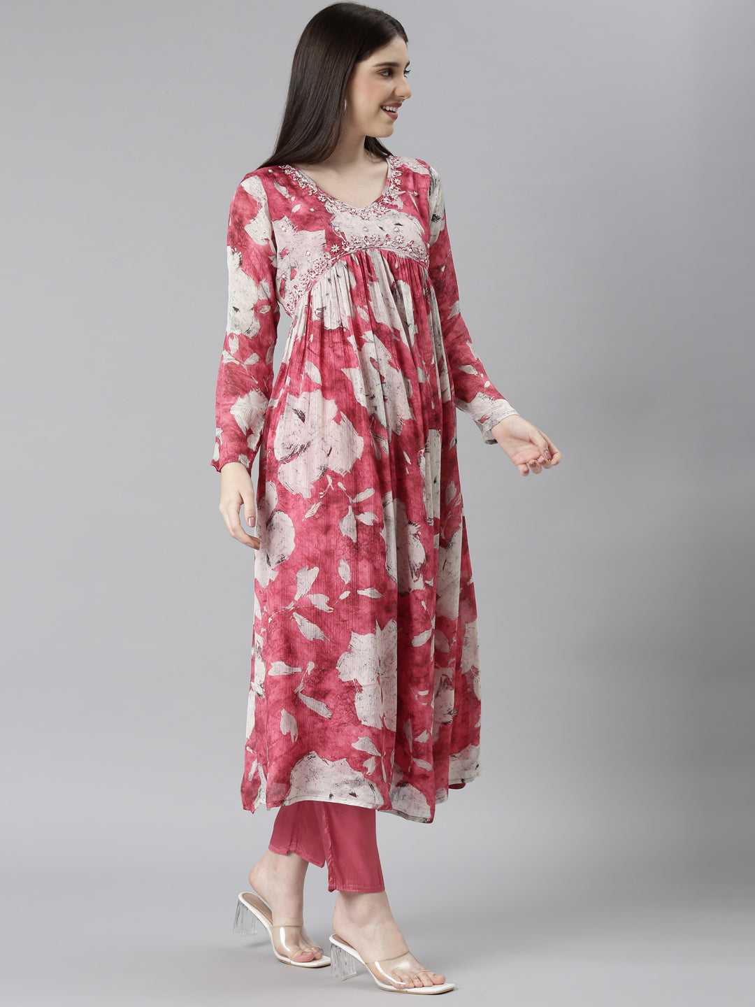 Neeru's Coral Regular Straight Floral Kurta And Trousers With Dupatta