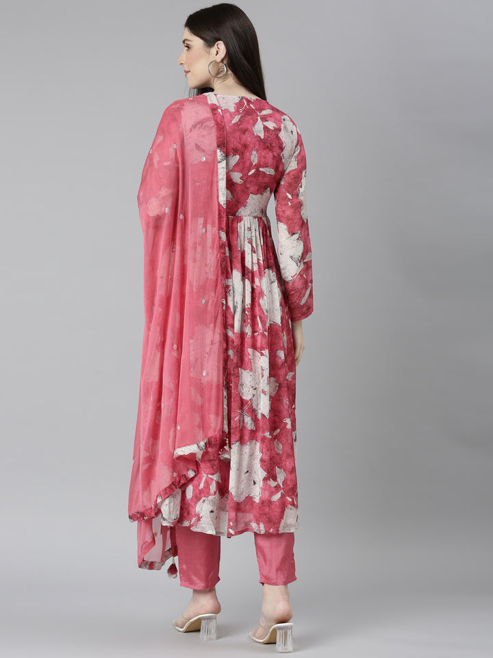 Neerus Pink floral embroidered straight kurta set - side view