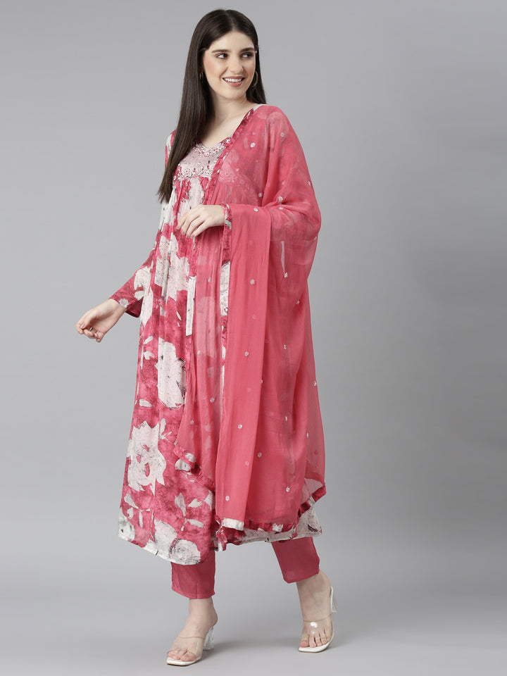 Neerus Pink floral embroidered straight kurta set - detail view 2