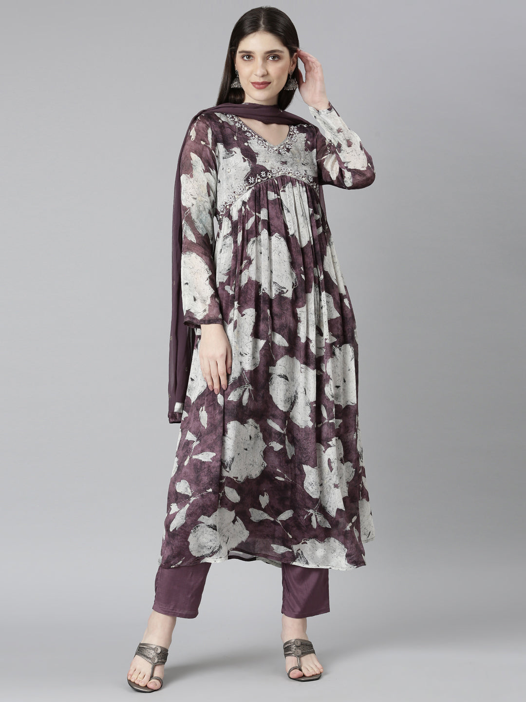 Neerus Pink printed floral kurta set with trouser and dupatta - front view