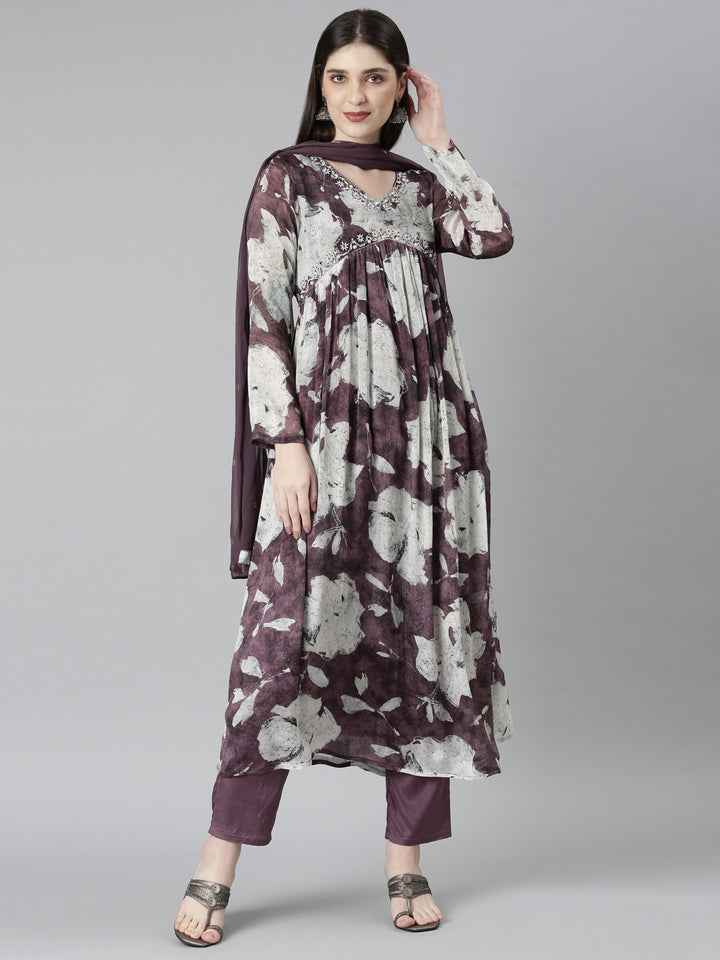 Neerus Pink printed floral kurta set with trouser and dupatta - front view