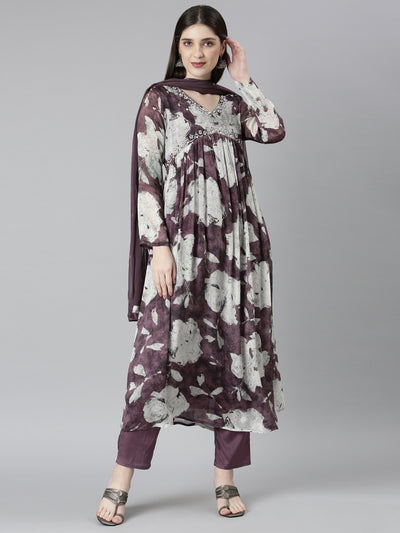 Neeru's Magenta Regular Straight Floral Kurta And Trousers With Dupatta