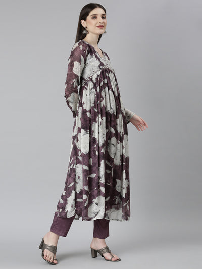Neeru's Magenta Regular Straight Floral Kurta And Trousers With Dupatta