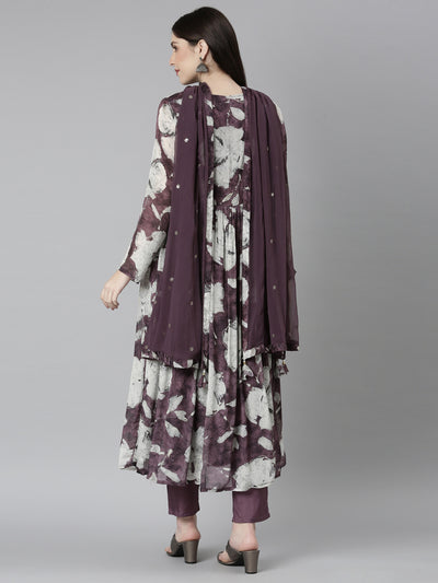 Neeru's Magenta Regular Straight Floral Kurta And Trousers With Dupatta