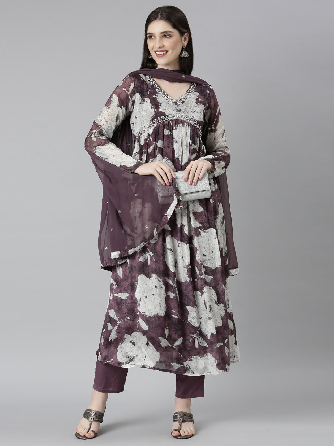 Neerus Pink printed floral kurta set with trouser and dupatta - detail view 2