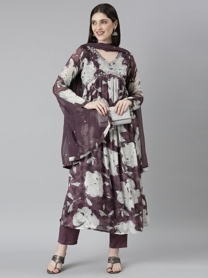 Neerus Pink printed floral kurta set with trouser and dupatta - detail view 2