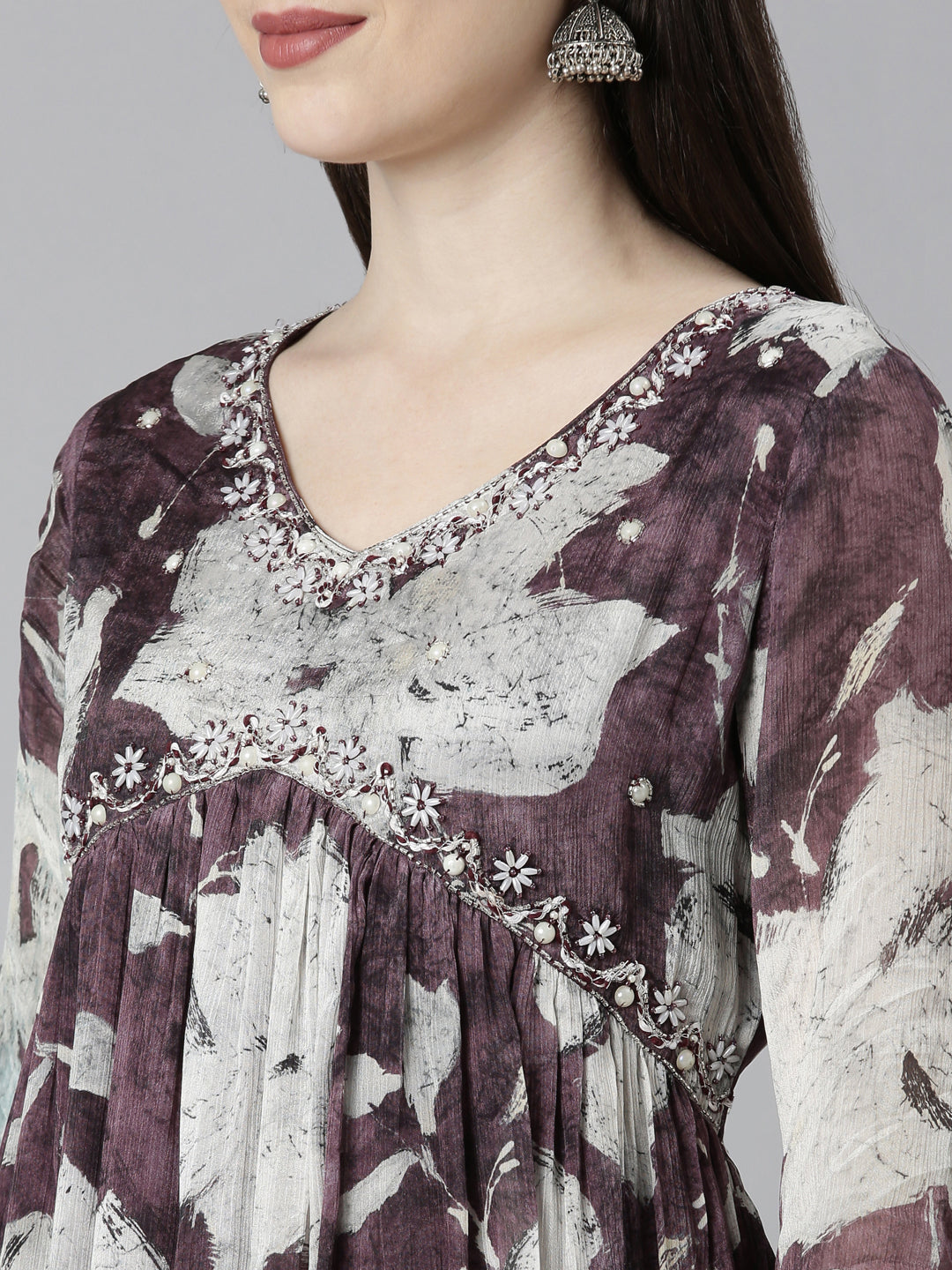 Neerus Pink printed floral kurta set with trouser and dupatta - detail view 1