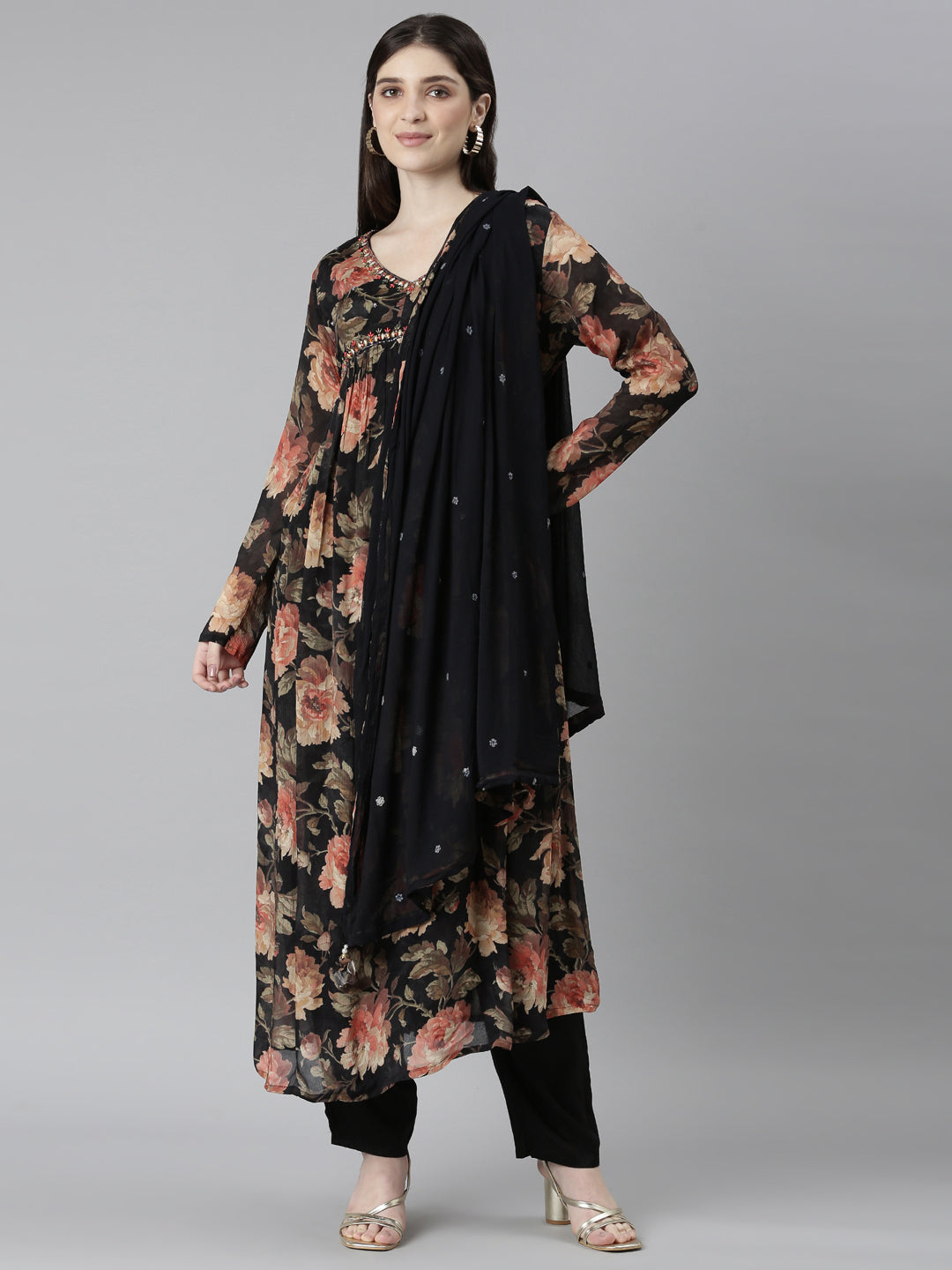 Neerus Black printed floral kurta set with trouser and dupatta - front view