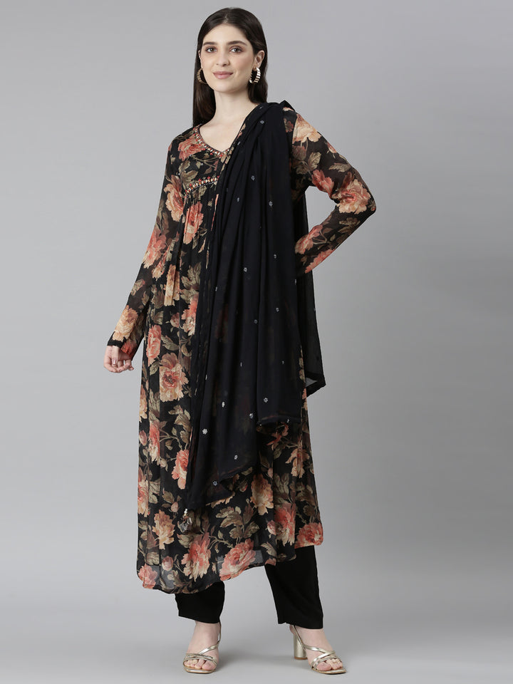 Neerus Black printed floral kurta set with trouser and dupatta - front view