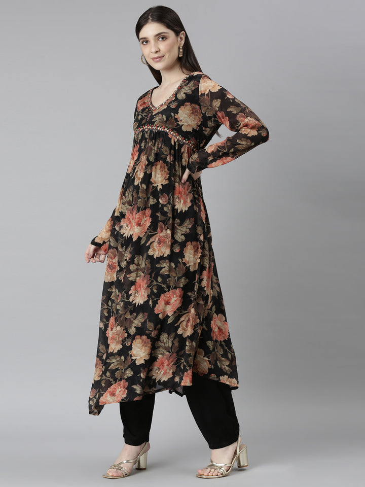 Neerus Black printed floral kurta set with trouser and dupatta - back view
