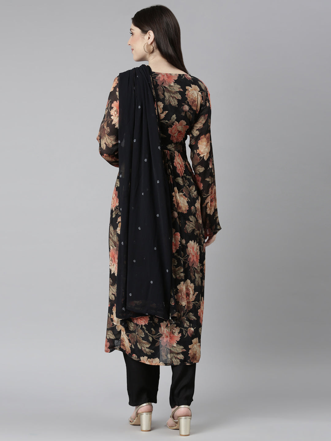 Neerus Black printed floral kurta set with trouser and dupatta - side view
