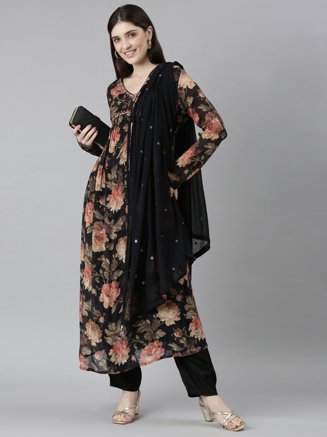 Neerus Black printed floral kurta set with trouser and dupatta - detail view 2