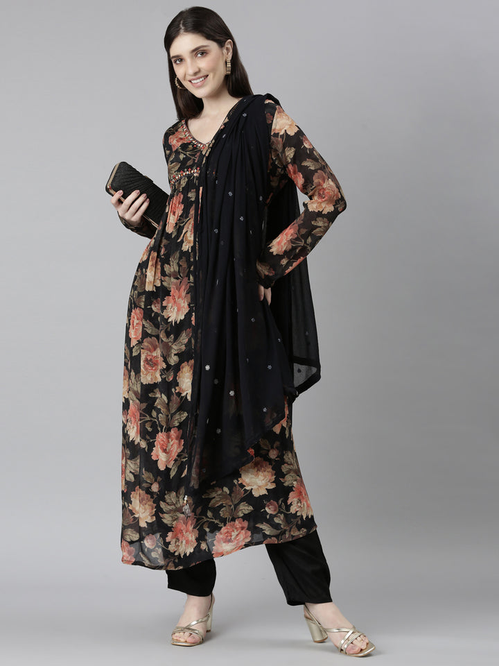 Neerus Black printed floral kurta set with trouser and dupatta - detail view 2