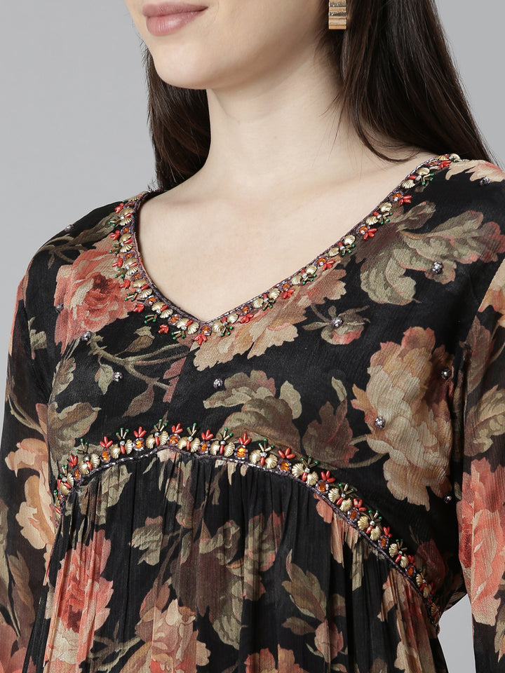 Neerus Black printed floral kurta set with trouser and dupatta - detail view 1